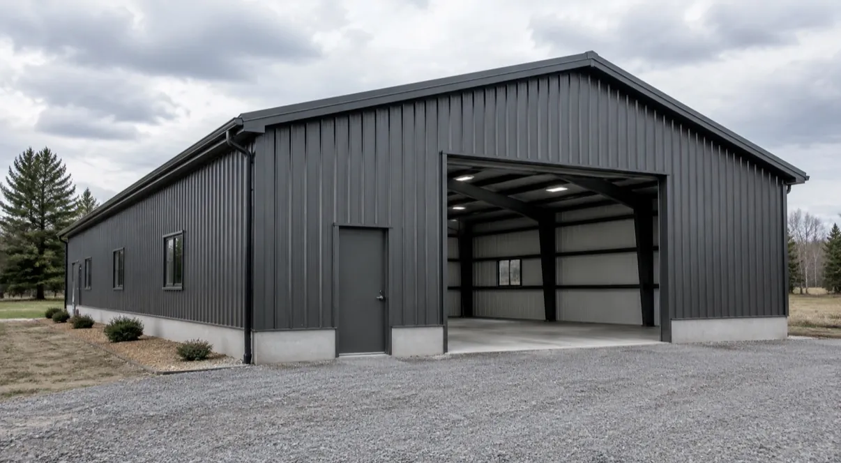 Finished metal-sided commercial shop building with an open bay door and concrete apron in Central Minnesota