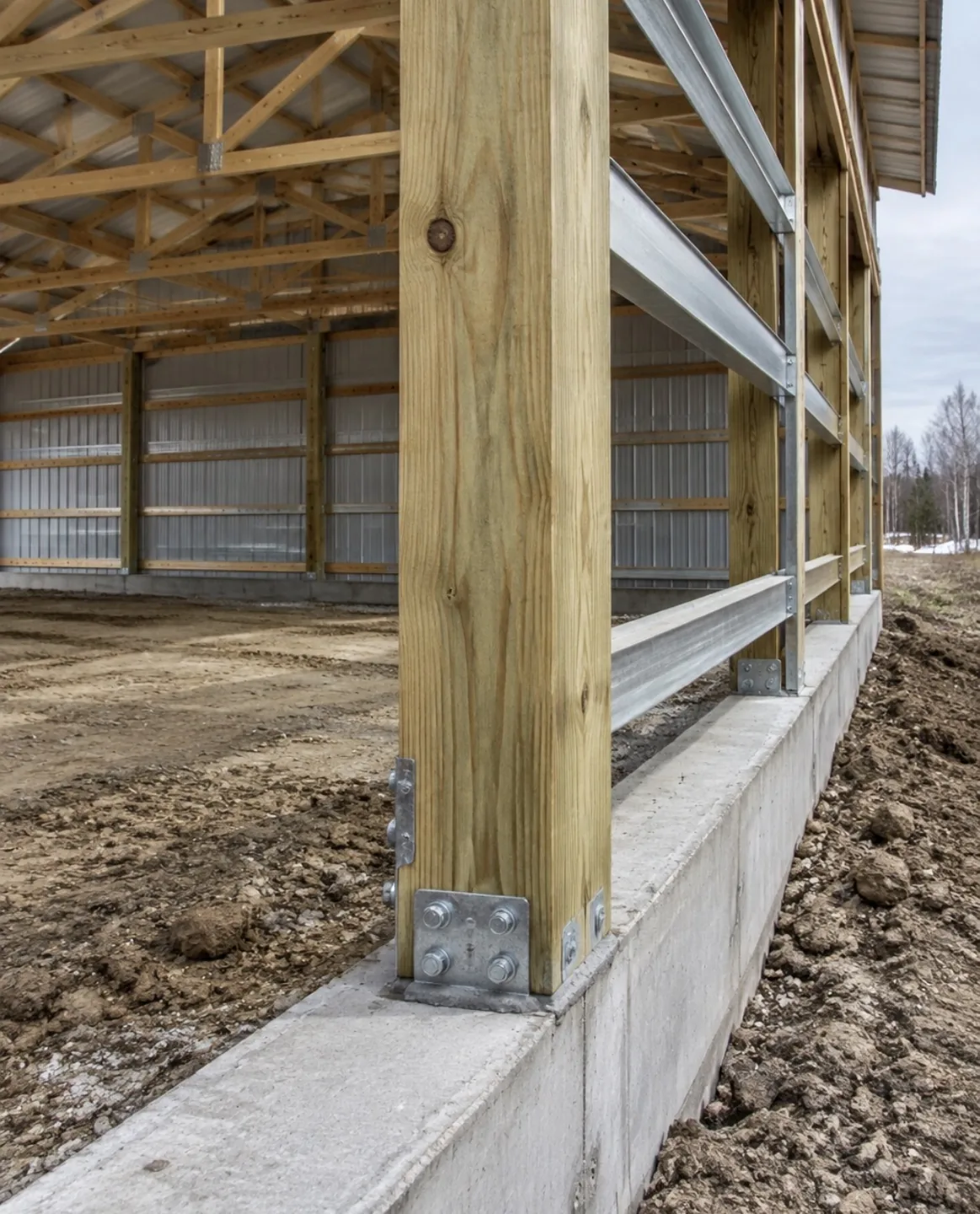 Timber post set on a poured concrete foundation during building construction