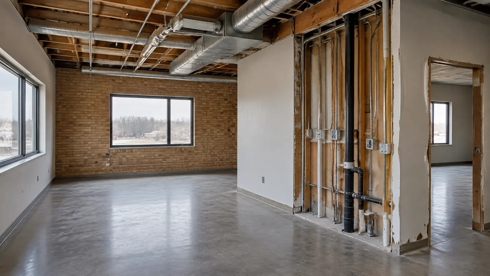 Existing commercial interior showing exposed building systems during a planned renovation investigation