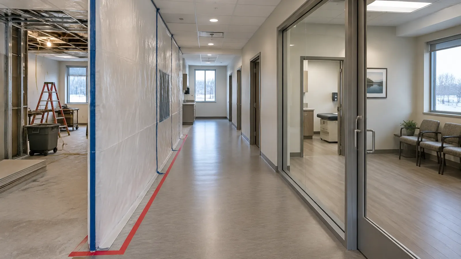 Empty clinic corridor with a clean temporary partition separating phased renovation work
