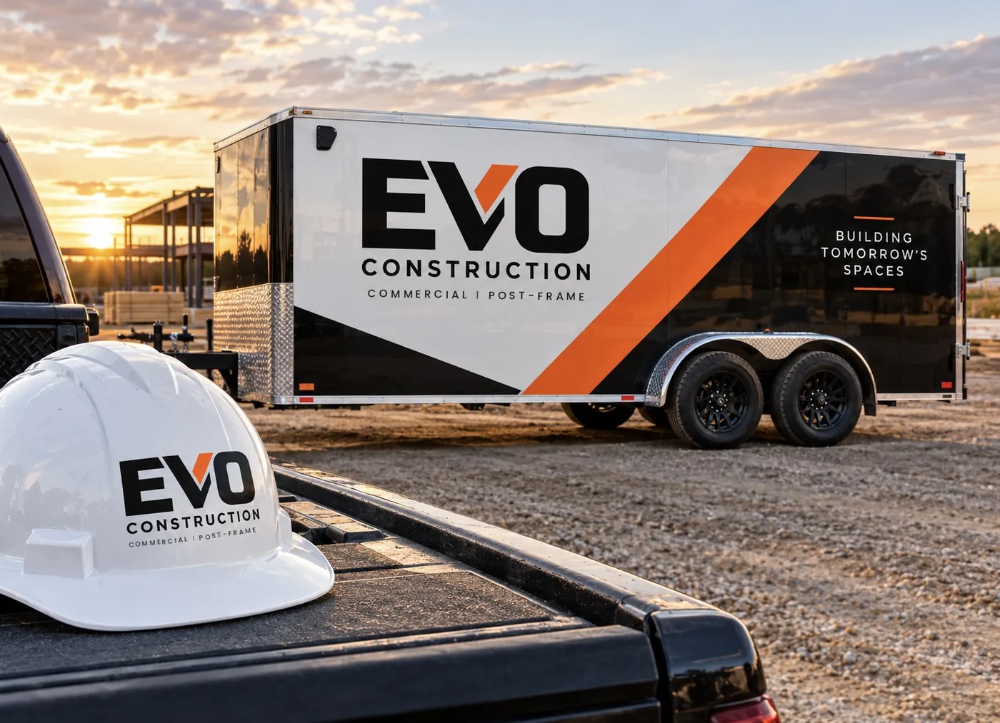 EVO Construction branded job trailer and hard hat at a commercial construction site