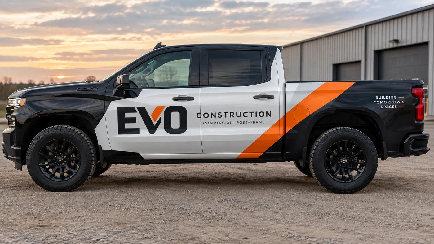 EVO Construction branded work truck parked at a Central Minnesota commercial jobsite at sunset
