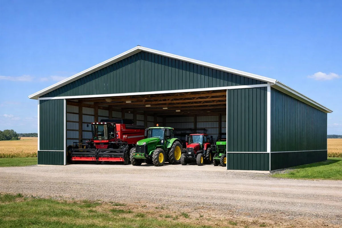 Equipment storage building with a concrete floor and farm machinery parked inside