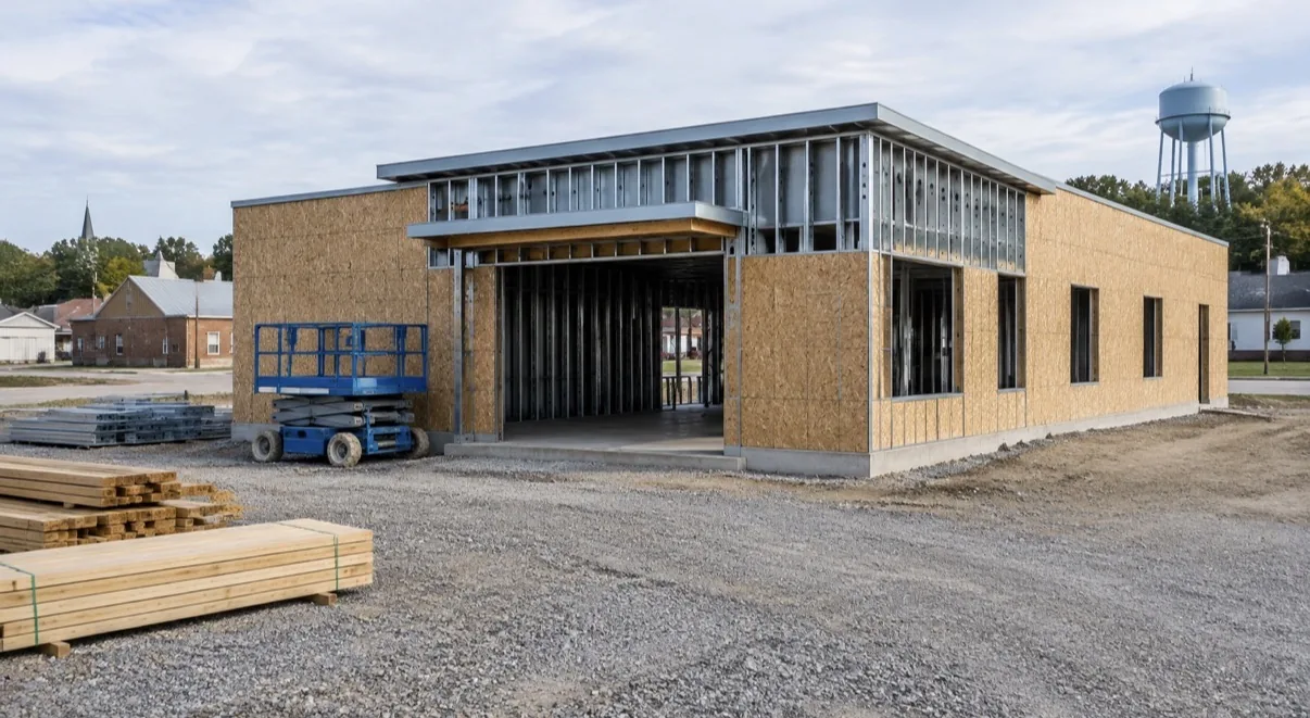 Steel framing and exterior sheathing going up on a pre-engineered commercial building