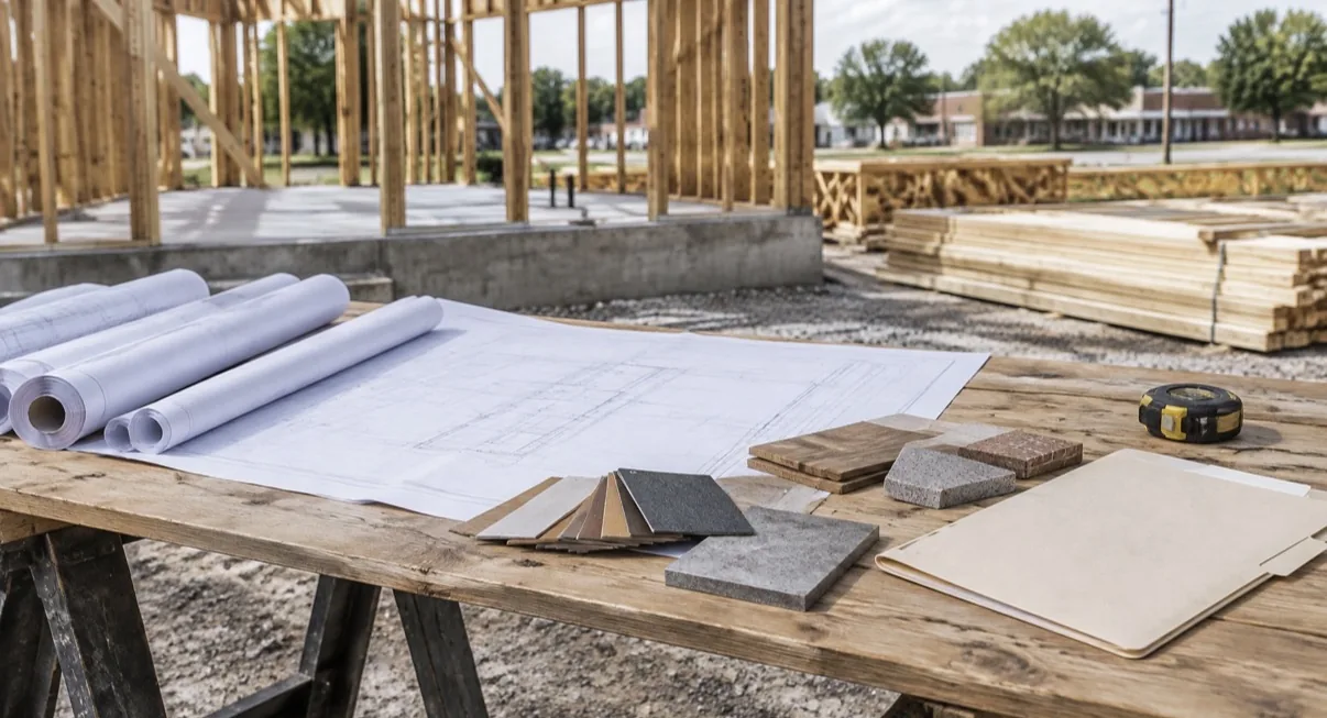 Drawings, estimates, and material samples laid out on a planning table at a small commercial job site