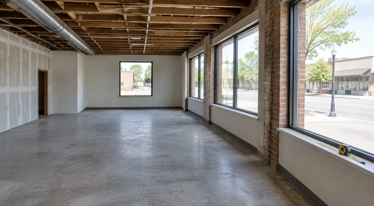 The interior of an existing small commercial building being assessed ahead of renovation